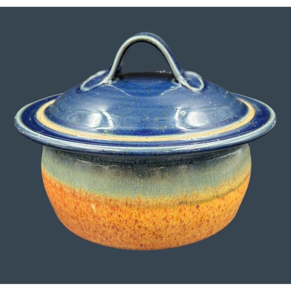 Handcrafted Lidded Stoneware Blue Orange Pottery Casserole Dish By Crystal - Picture 1 of 11